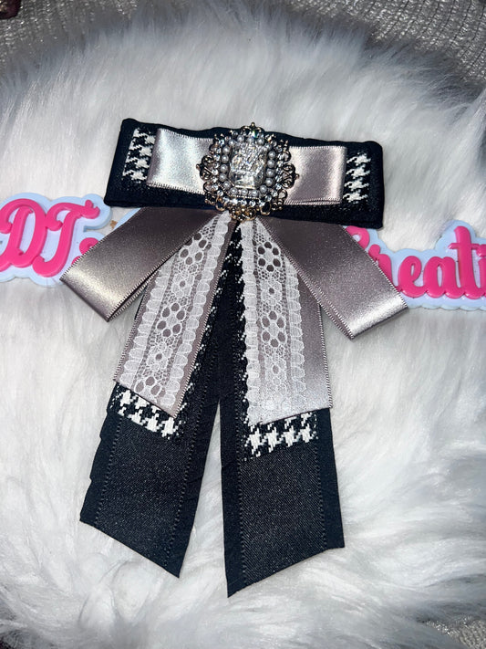 Black, Silver & Lace Couture Statement Bow Brooch