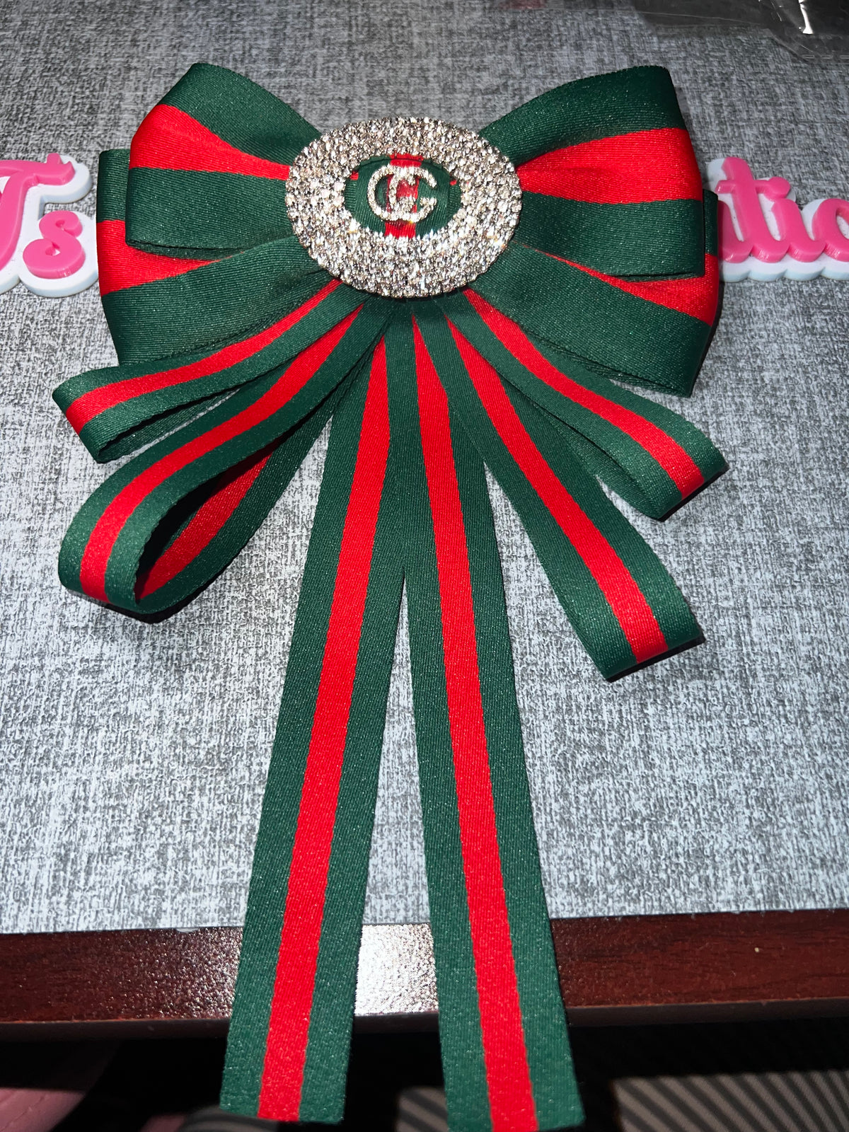 Green Red Rhinestone Medallion Bow Brooch – Statement Fashion Pin