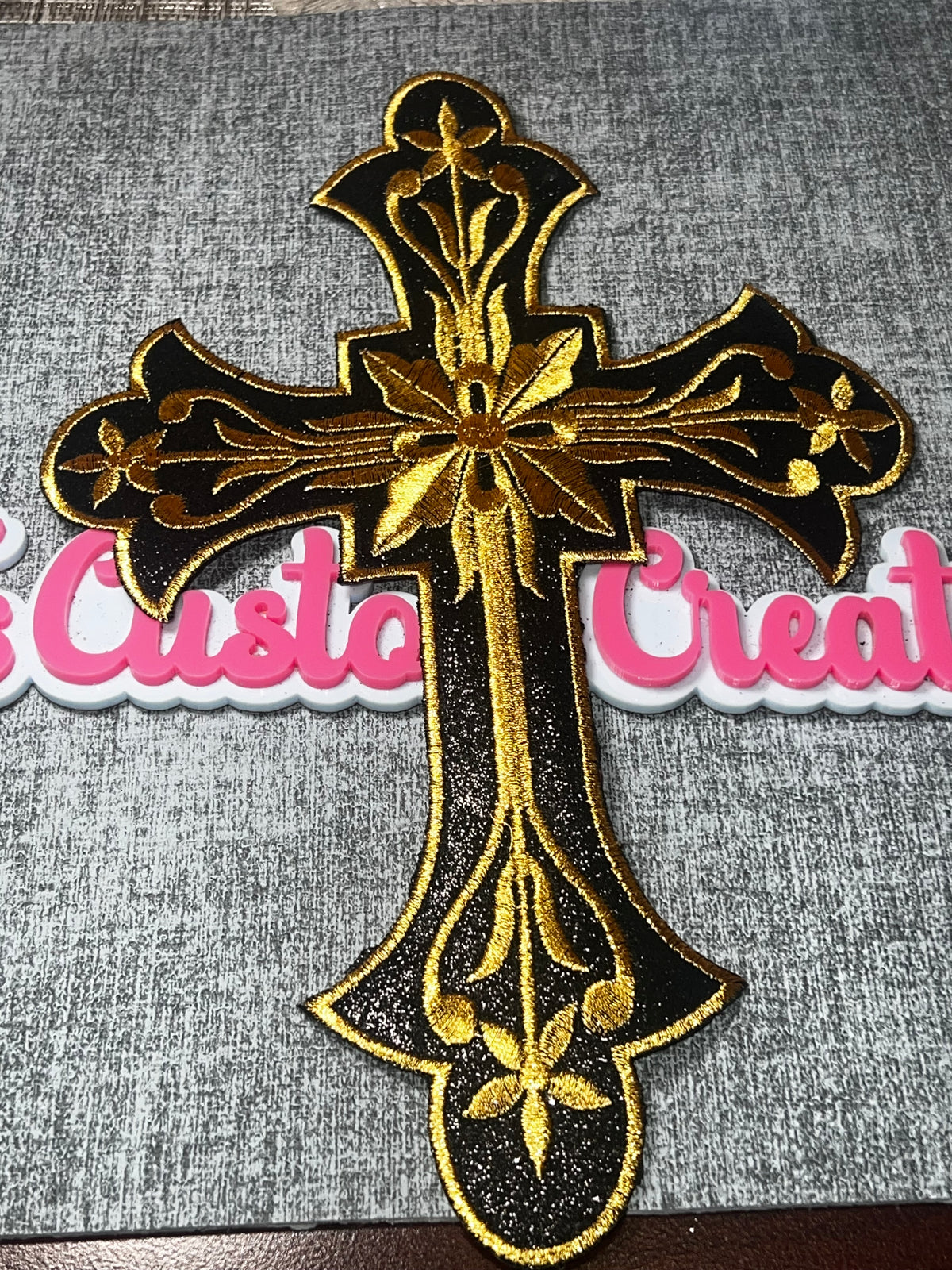 Black Gold Floral Cross Patch – Embroidered Iron On Applique