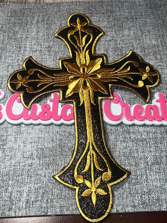 Black Gold Floral Cross Patch – Embroidered Iron On Applique