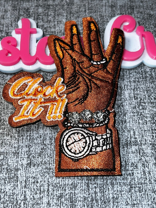 Clock It Hand Patch – Orange Nails Rhinestone Watch Embroidered Iron On Patch – Brown Skin Tone Applique – Approx. 4 Inch