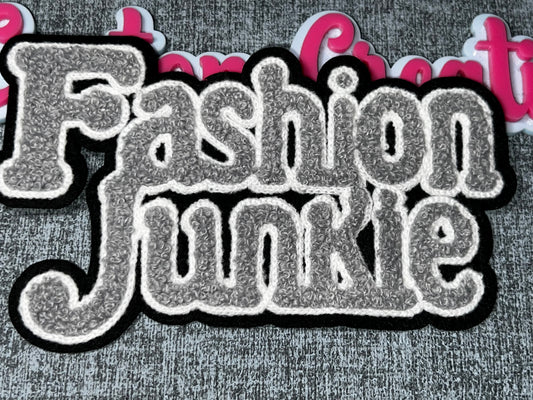 Fashion Junkie Patch Red Black White Chenille Embroidered Iron On Patch Statement Applique