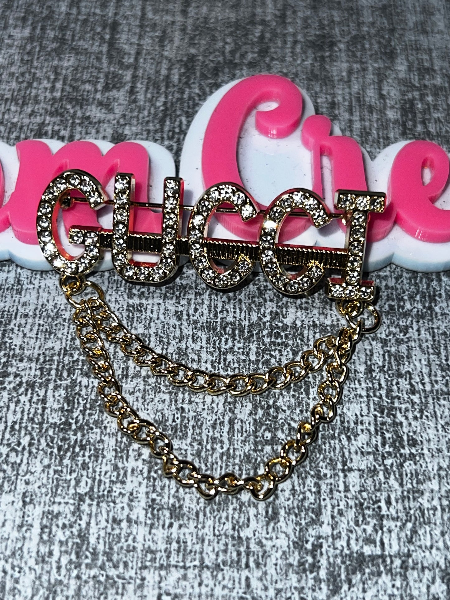 Crystal Letter Chain Brooch – Gold Tone Fashion Pin
