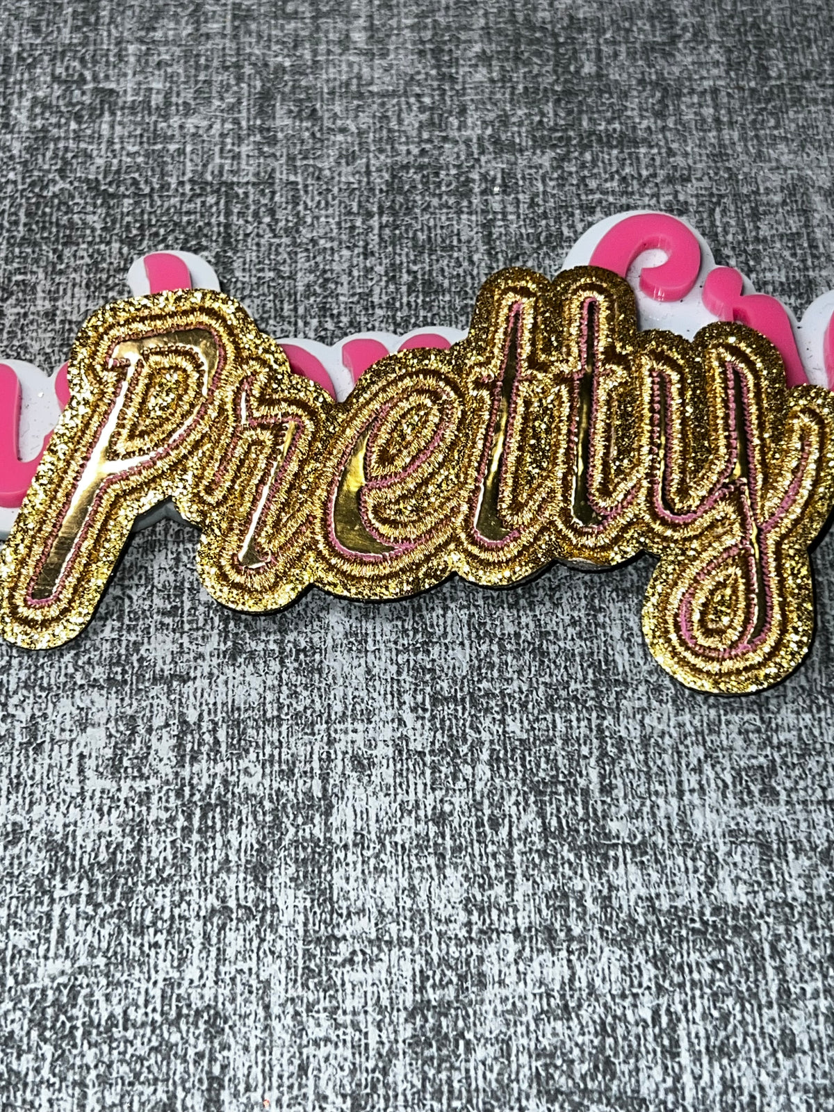 “Pretty” Gold Pink Script Patch – Glitter Embroidered Iron On Applique