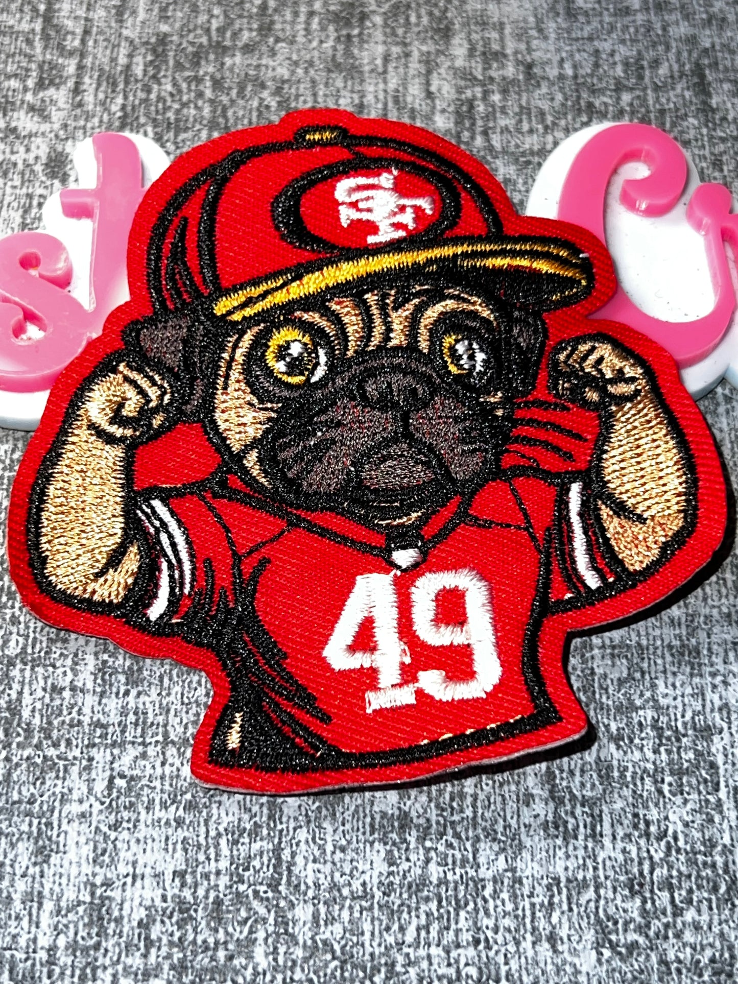 Pug Fan Embroidered Iron-On Patch – Red Mascot Dog Sports Appliqué