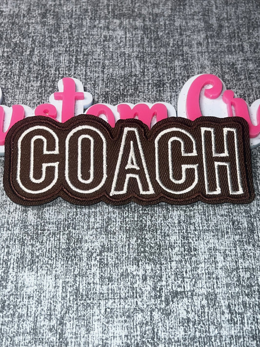 Coach Script Embroidered Iron-On Patch – Brown Decorative Lettering Applique
