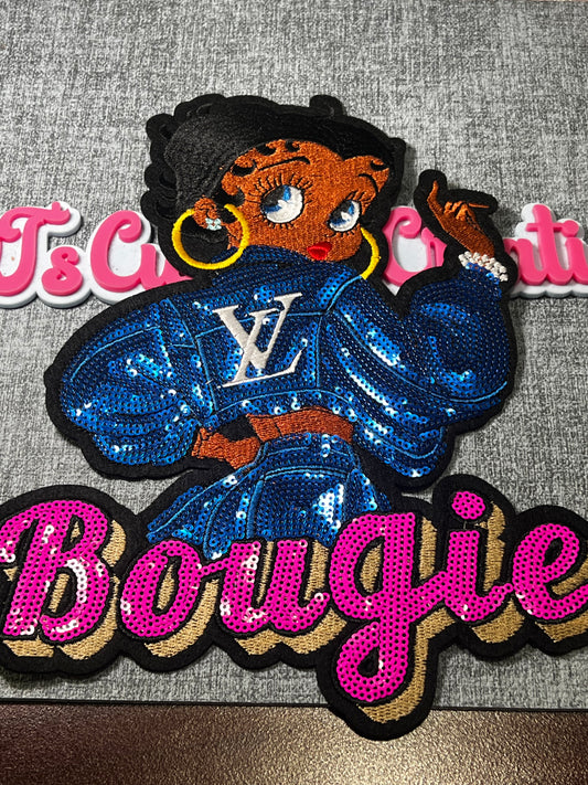 Blue Sequin Bougie Fashion Girl Patch – Embroidered Iron On Applique
