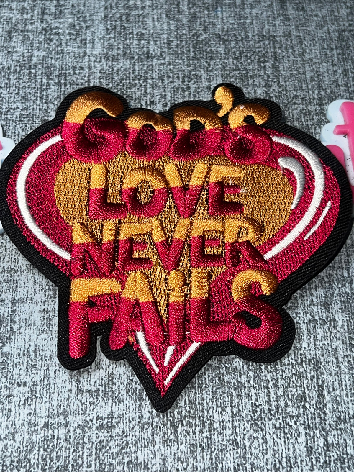 God’s Love Never Fails Heart Patch – Embroidered Faith Iron-On Applique