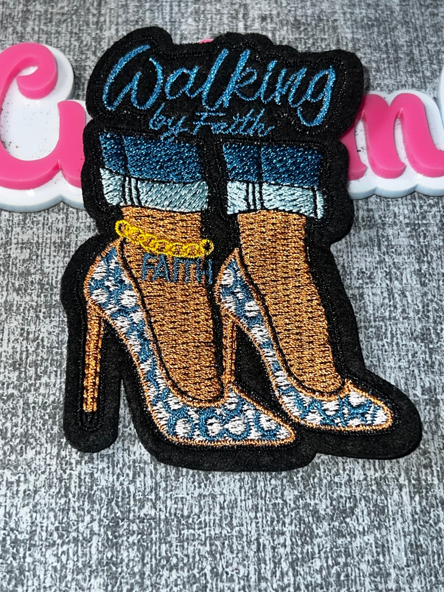 Walking By Faith Blue High Heel Patch – Embroidered Iron-On Applique