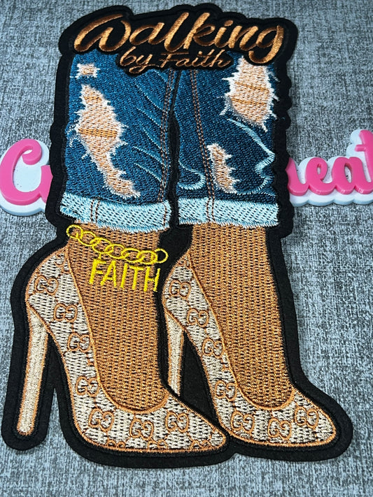 Walking By Faith Denim High Heel Patch – Embroidered Iron On Applique