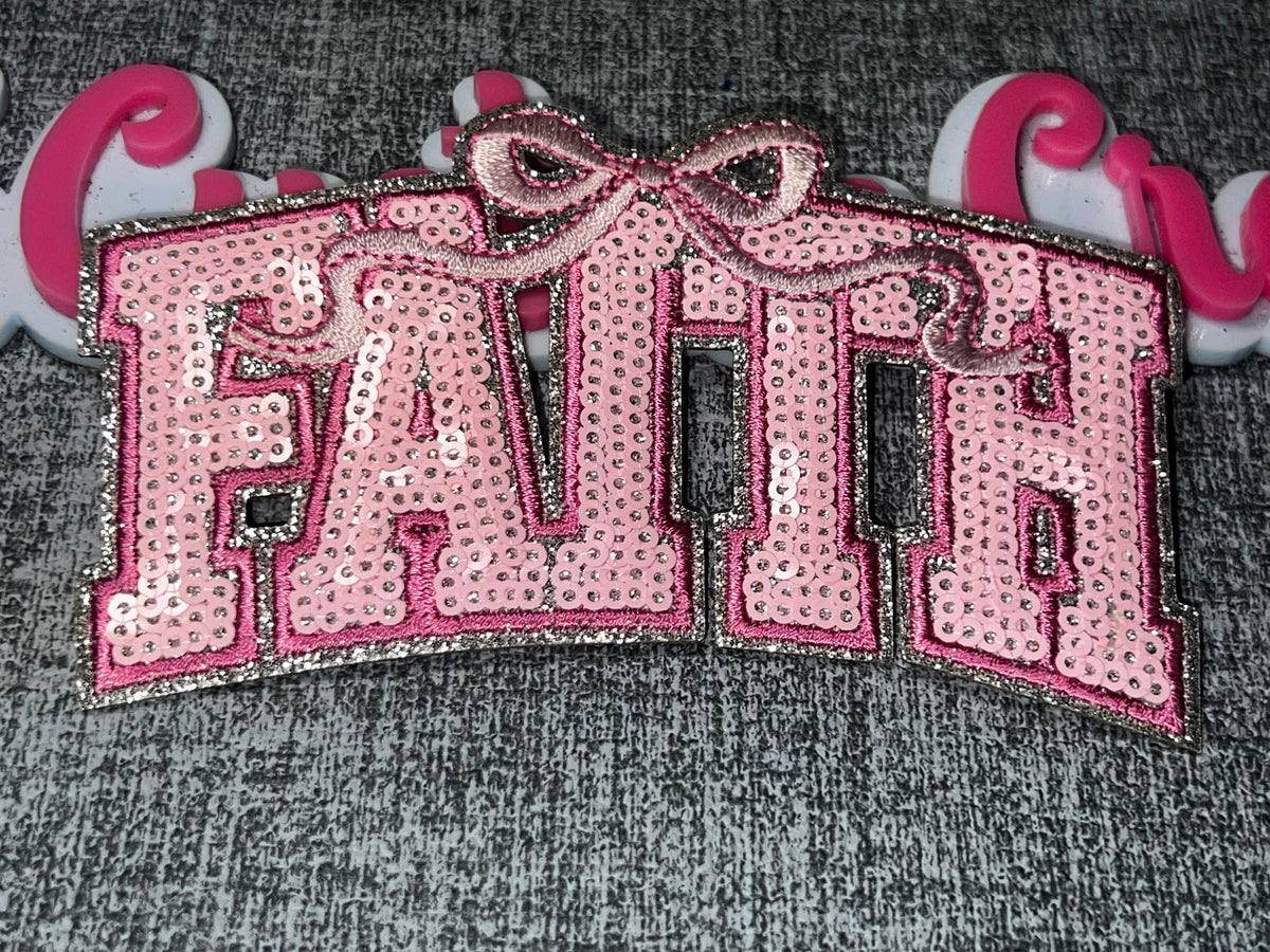 Light Pink Sequin “Faith” Bow Patch – Rhinestone Embroidered Applique