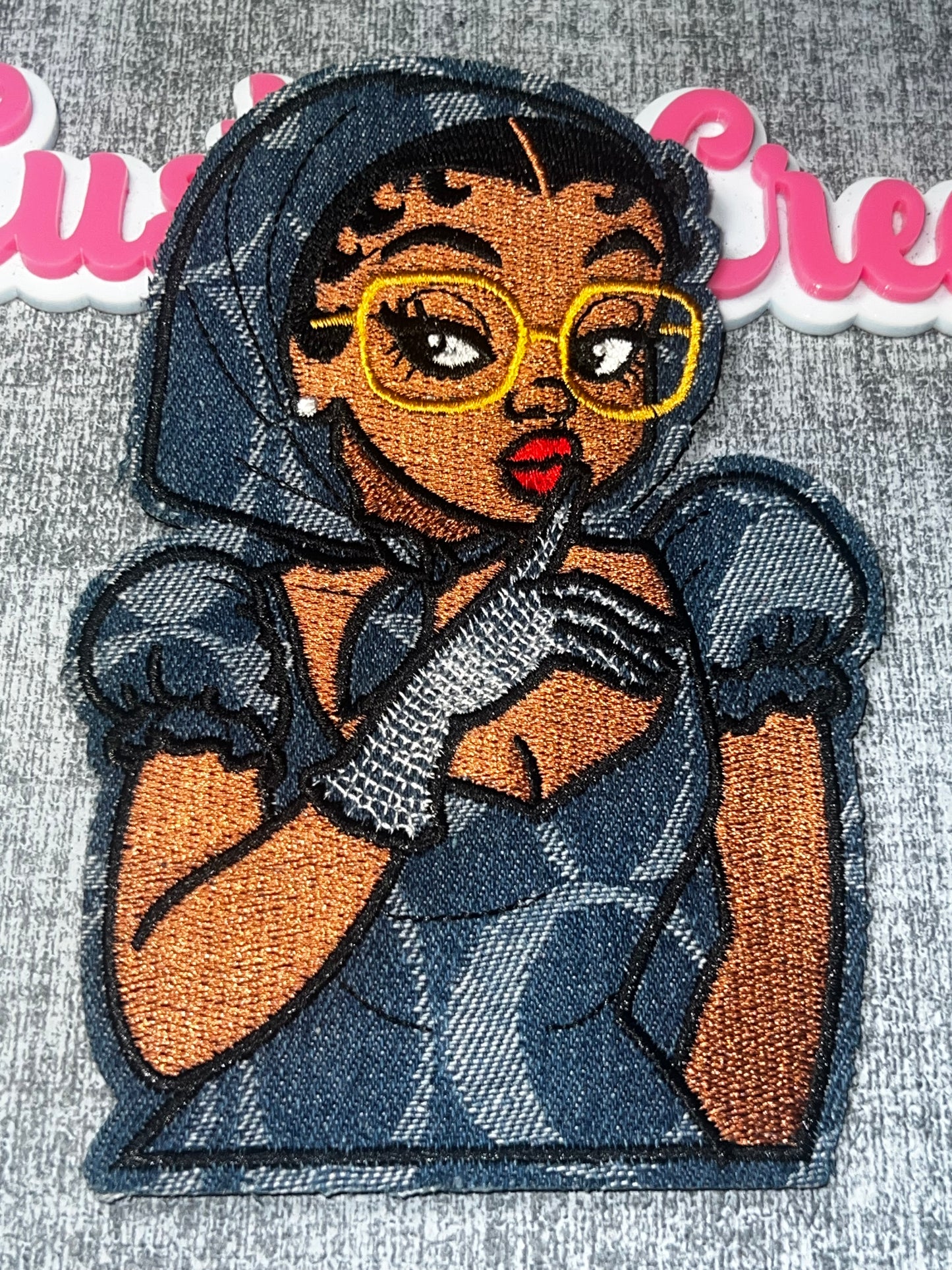 Large Glam Wrap Diva Embroidered Iron-On Patch – Blue Gray Fashion Patch
