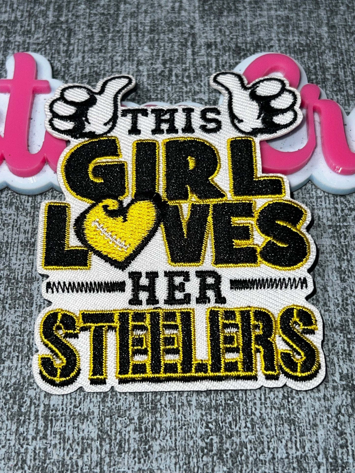 This Girl Loves Her Embroidered Patch – Black & Yellow Iron On Applique