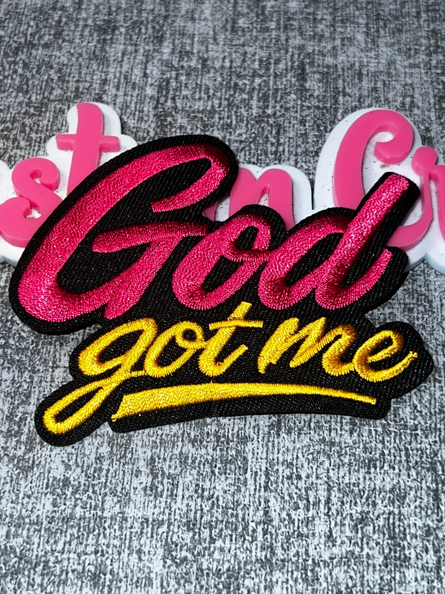 Pink & Gold “God Got Me” Embroidered Patch – Faith Script Iron On Applique