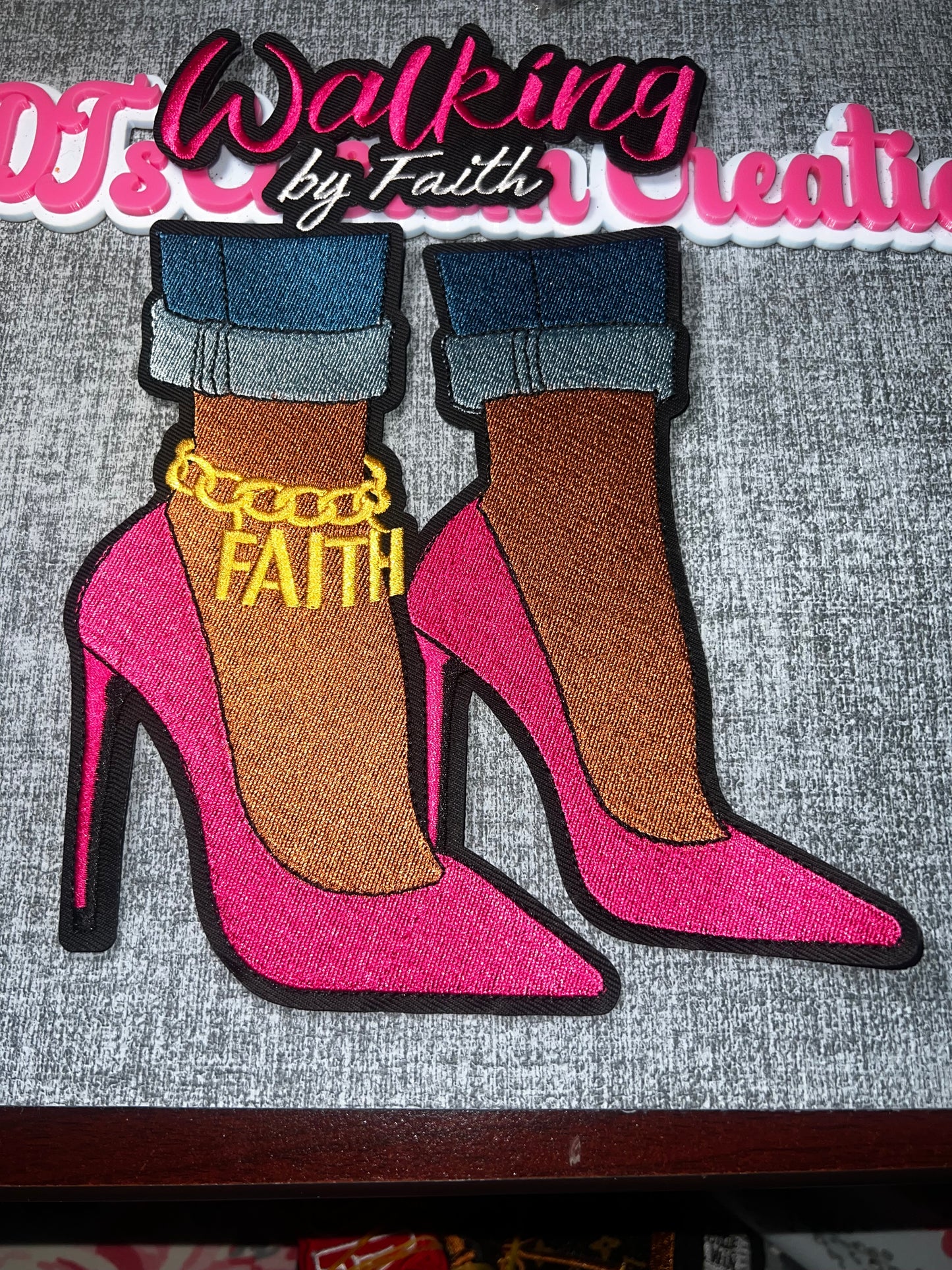 Walking by Faith High Heel Embroidered Iron-On Patch – Inspirational Decorative Applique