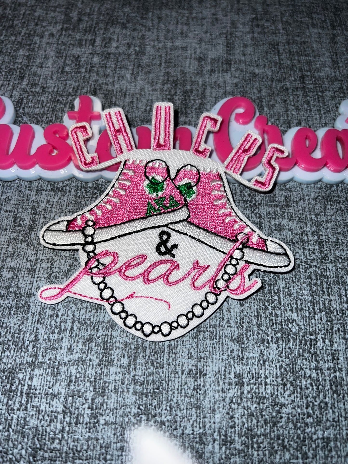 Chucks & Pearls Embroidered Iron-On Patch – Pink Statement Patch AKA colors