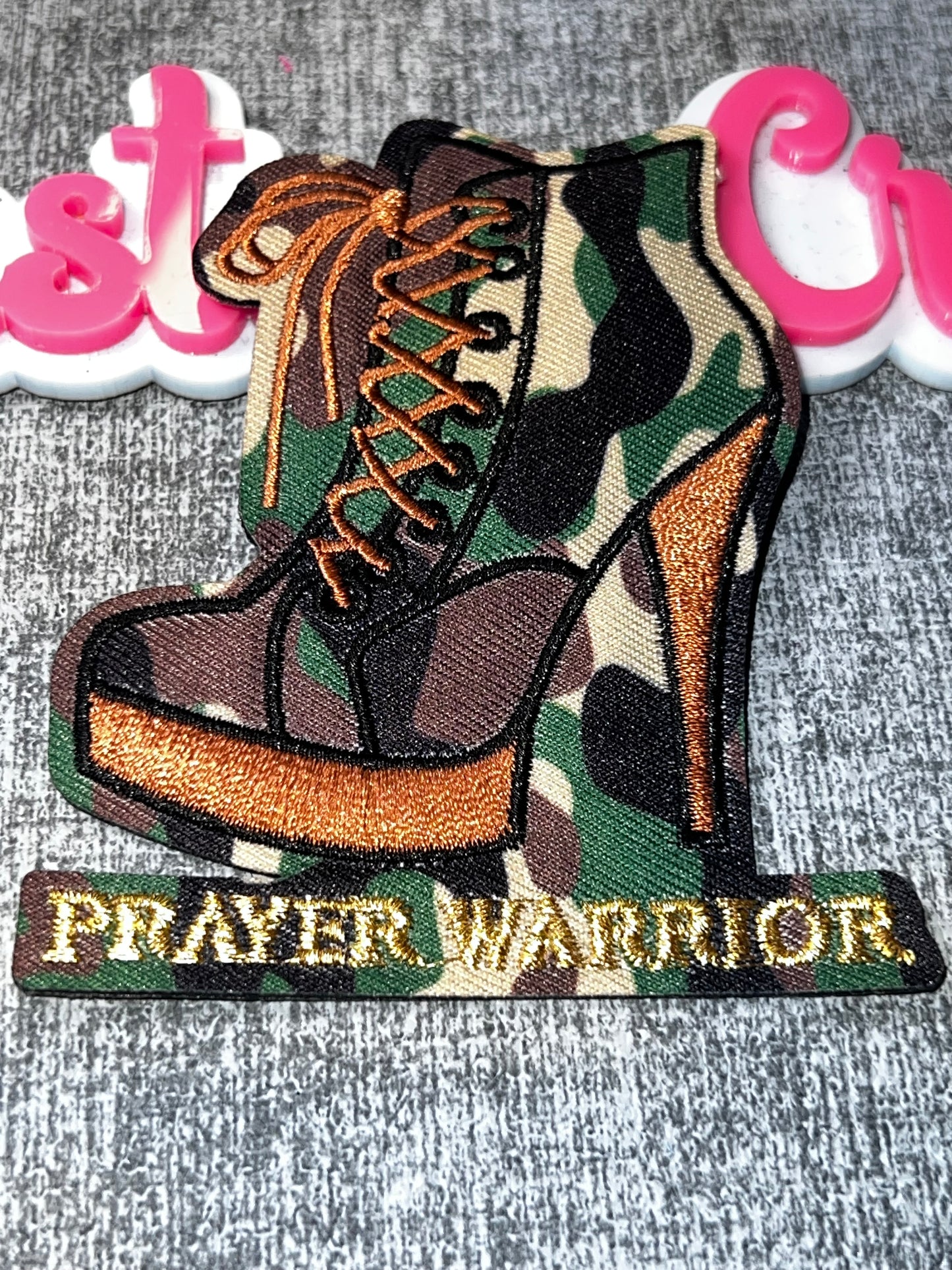 Prayer Warrior Camo Heel Boot Patch – Embroidered Iron On Applique