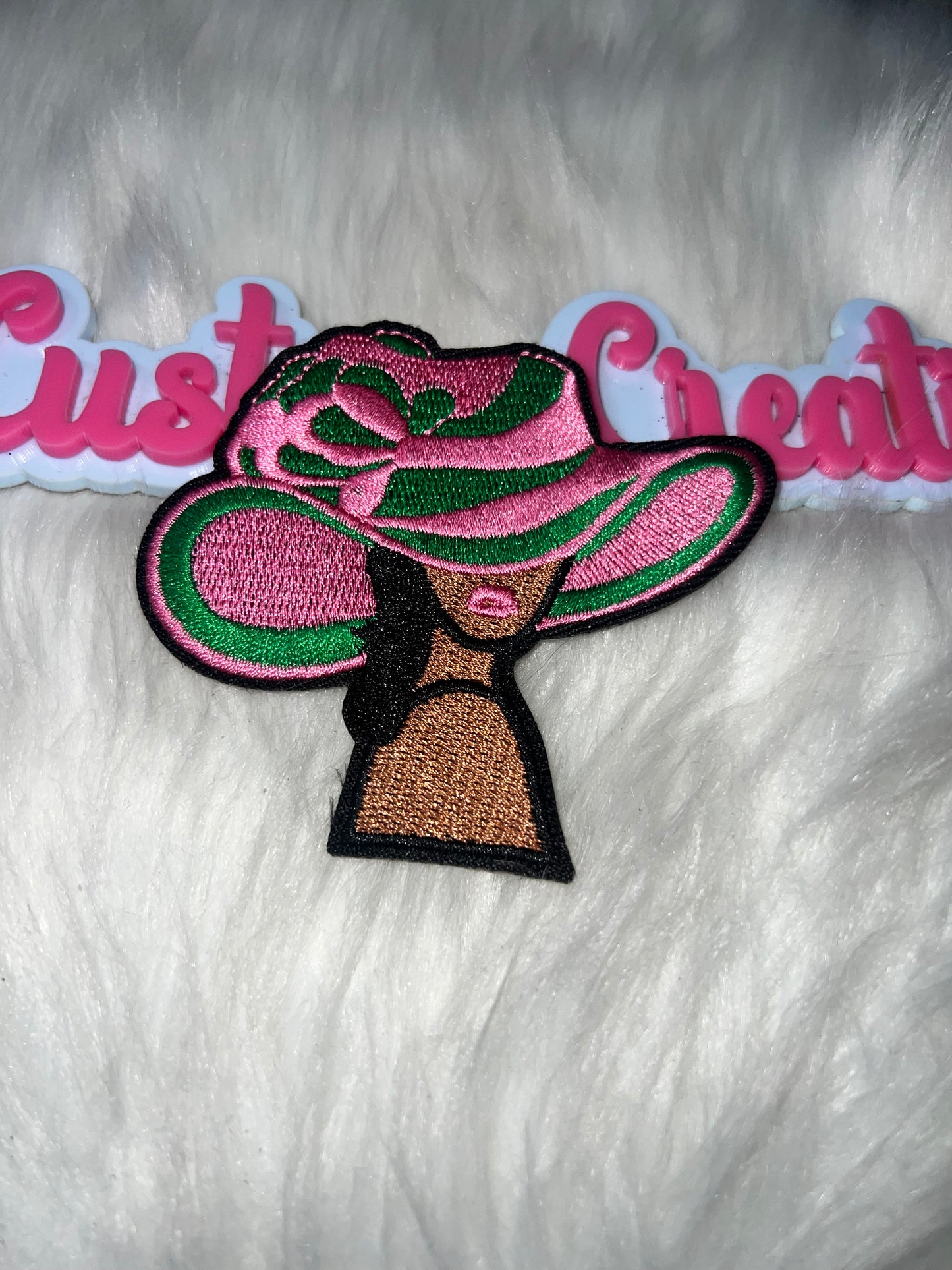 ⭐ Fashion Lady Hat (Pink & Green) – IRON-ON PATCH AKA colors