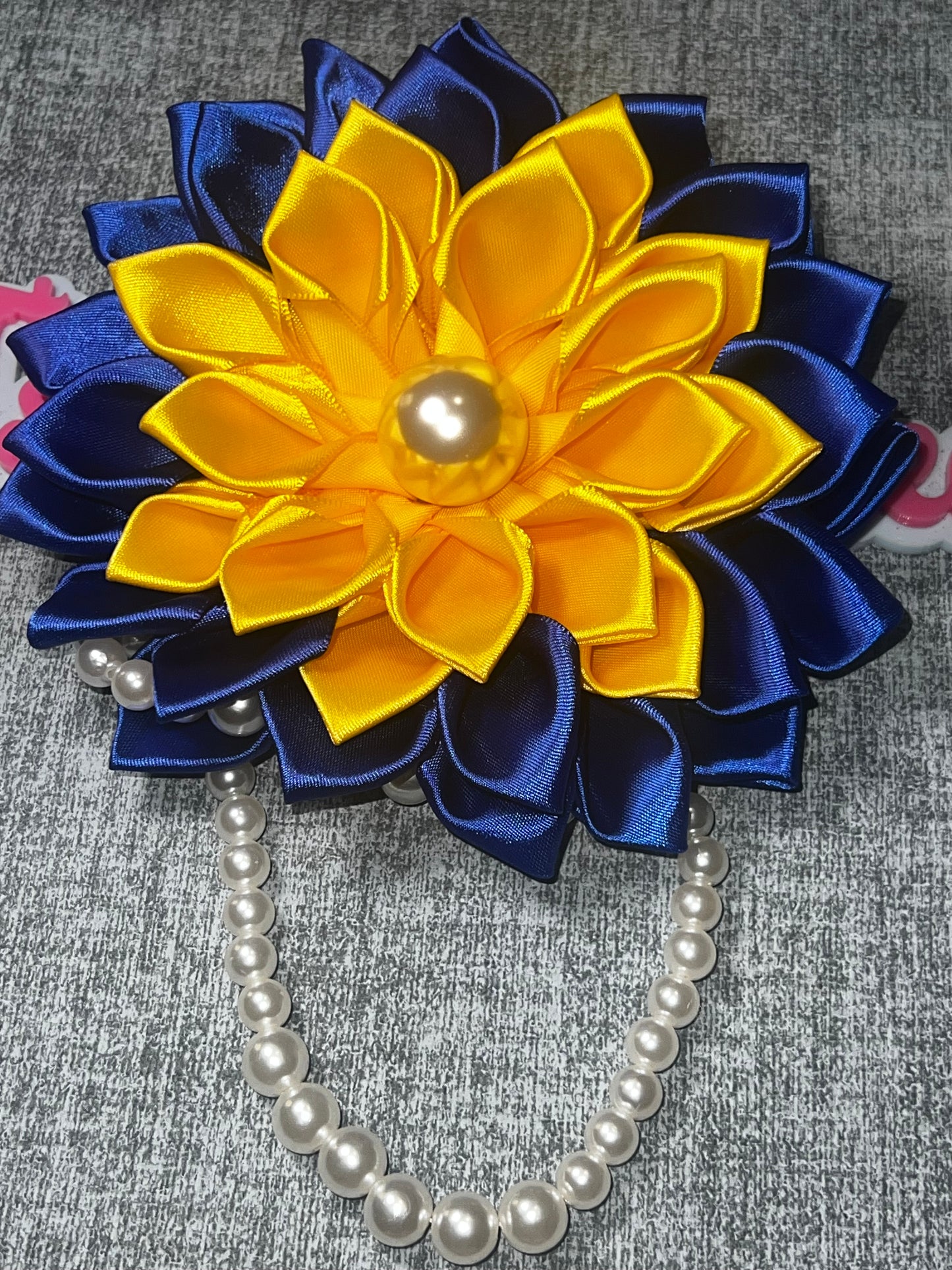 Gold & Royal Blue Satin Ribbon Flower Brooch Pin | Pearl Accent Floral Brooch Sigma colors