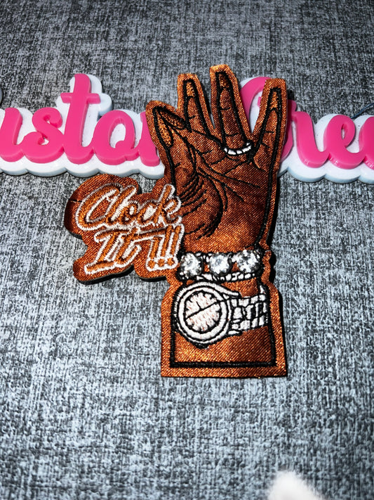 Clock It Hand Patch – White Nails Rhinestone Watch Embroidered Iron On Patch – Brown Skin Tone Applique – Approx. 4 Inch