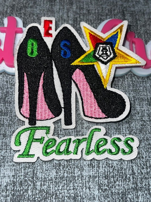 Fearless OES High Heel Embroidered Iron-On Patch | Black Pink Religious Appliqué