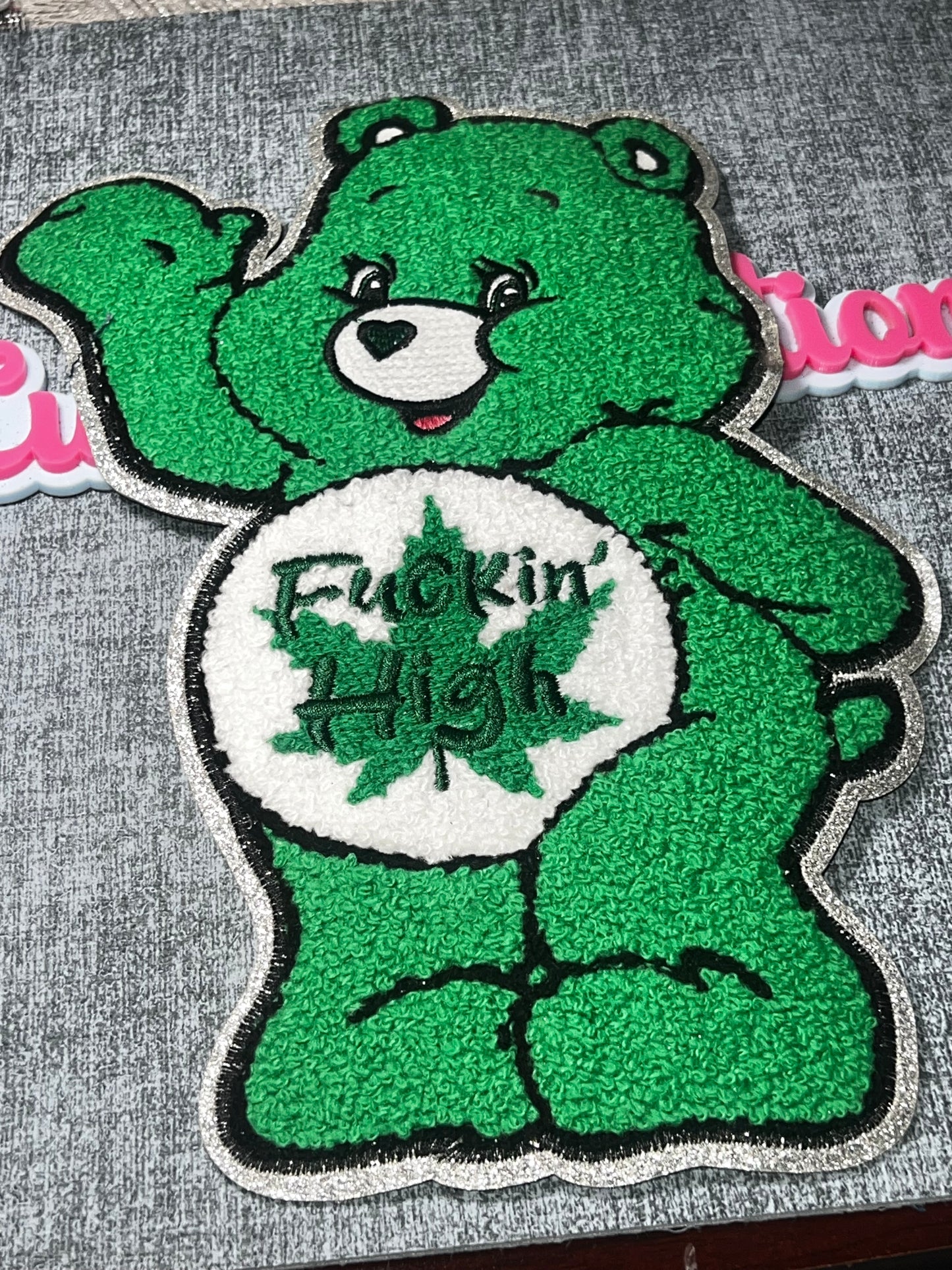 Lucky Green High Bear Chenille Iron-On Patch – Plush Embroidered Applique