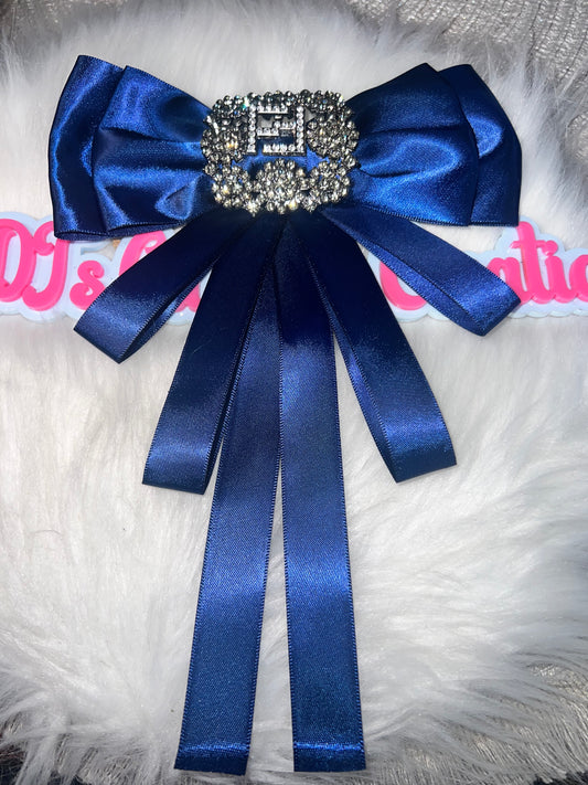 Navy Satin Rhinestone Square Accent Bow Brooch