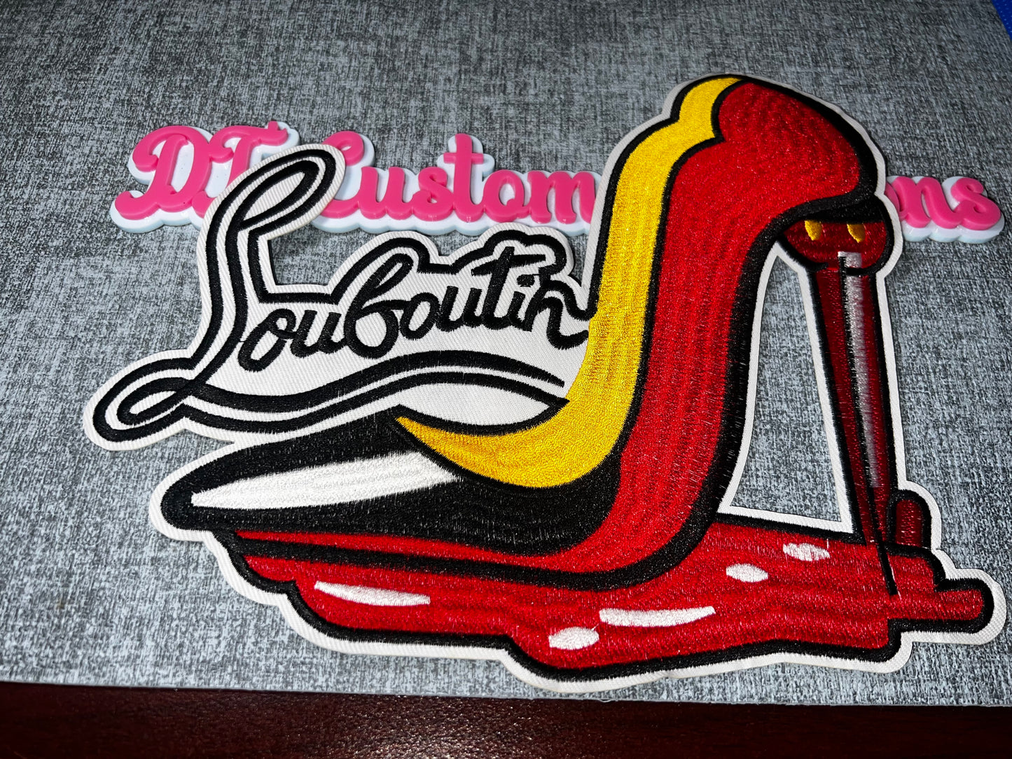 Luxe Red Bottom Heel Embroidered Statement Patch – Red, Black & Gold Fashion Patch (Large)