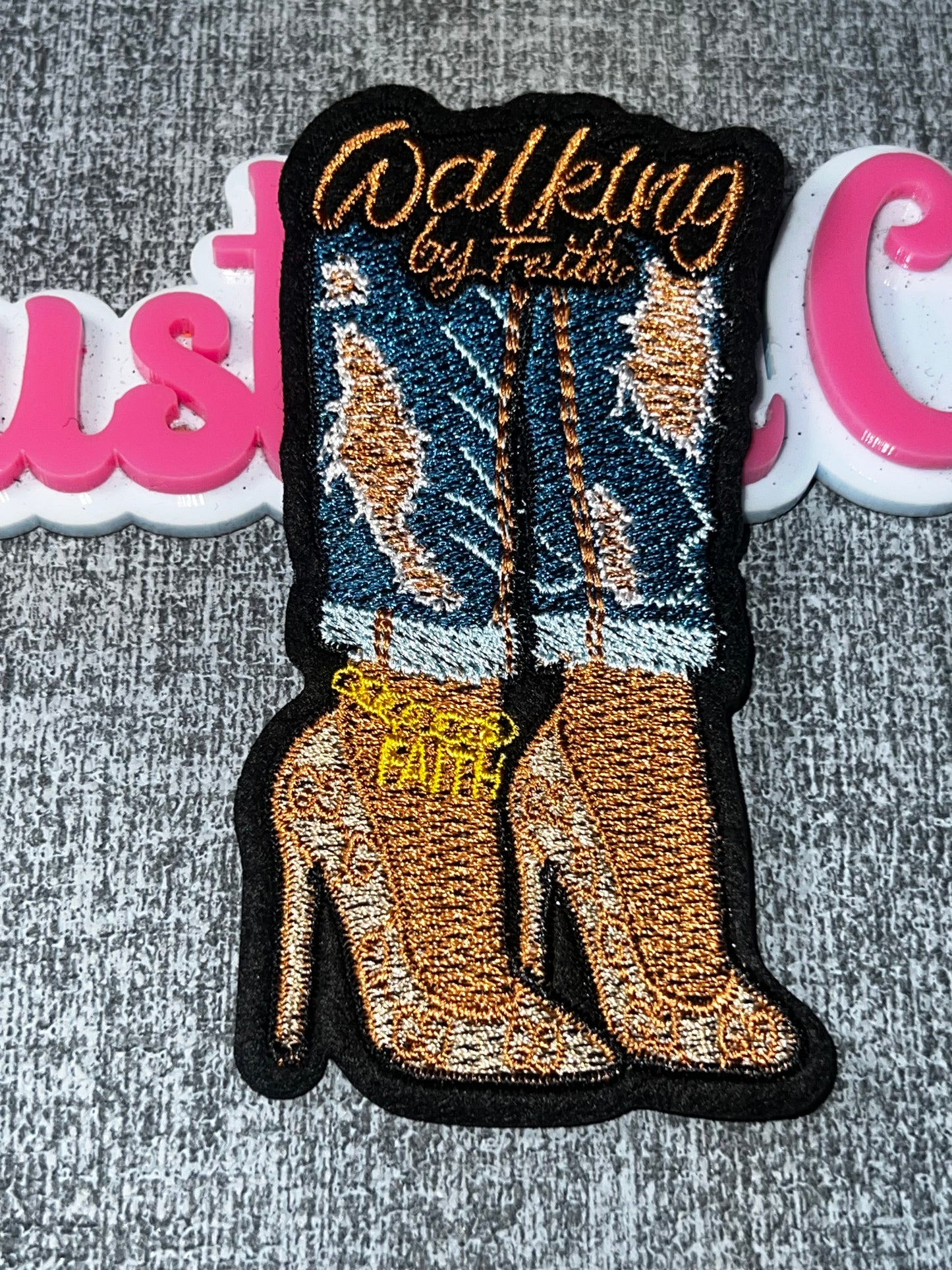 Walking By Faith Gold High Heel Patch – Embroidered Iron-On Applique