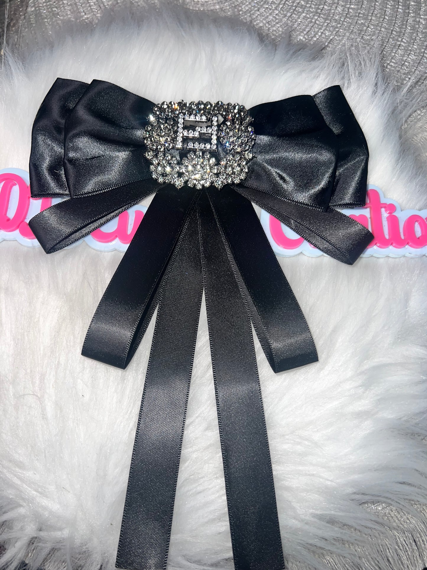 Black Textured Ribbon Rhinestone Initial Bow Brooch