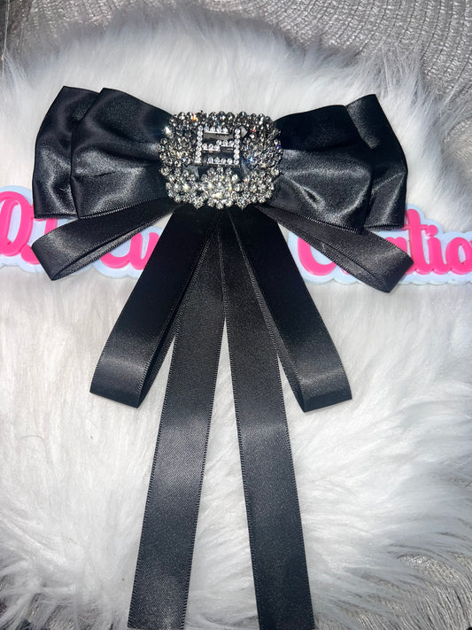 Black Textured Ribbon Rhinestone Initial Bow Brooch