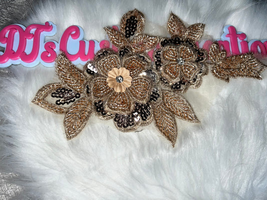 🪶 Gold & Bronze 3D Beaded Floral Appliqué – Sew or Glue On