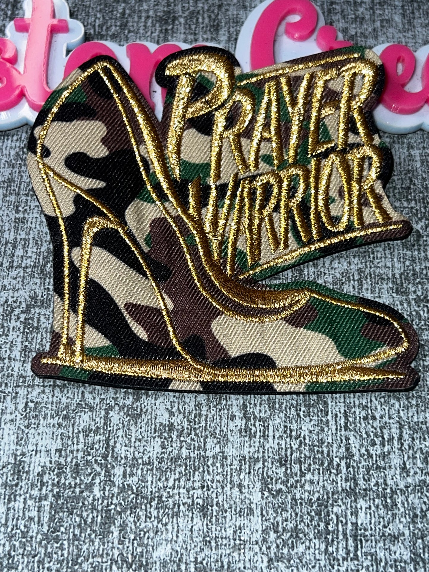 Prayer Warrior Heel Patch – Embroidered Applique (Camo Gold Detail)