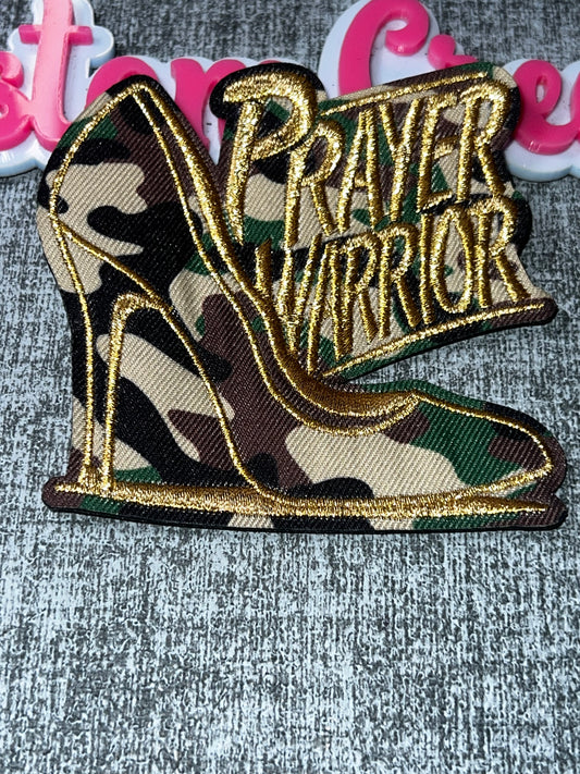 Prayer Warrior Heel Patch – Embroidered Applique (Camo Gold Detail)