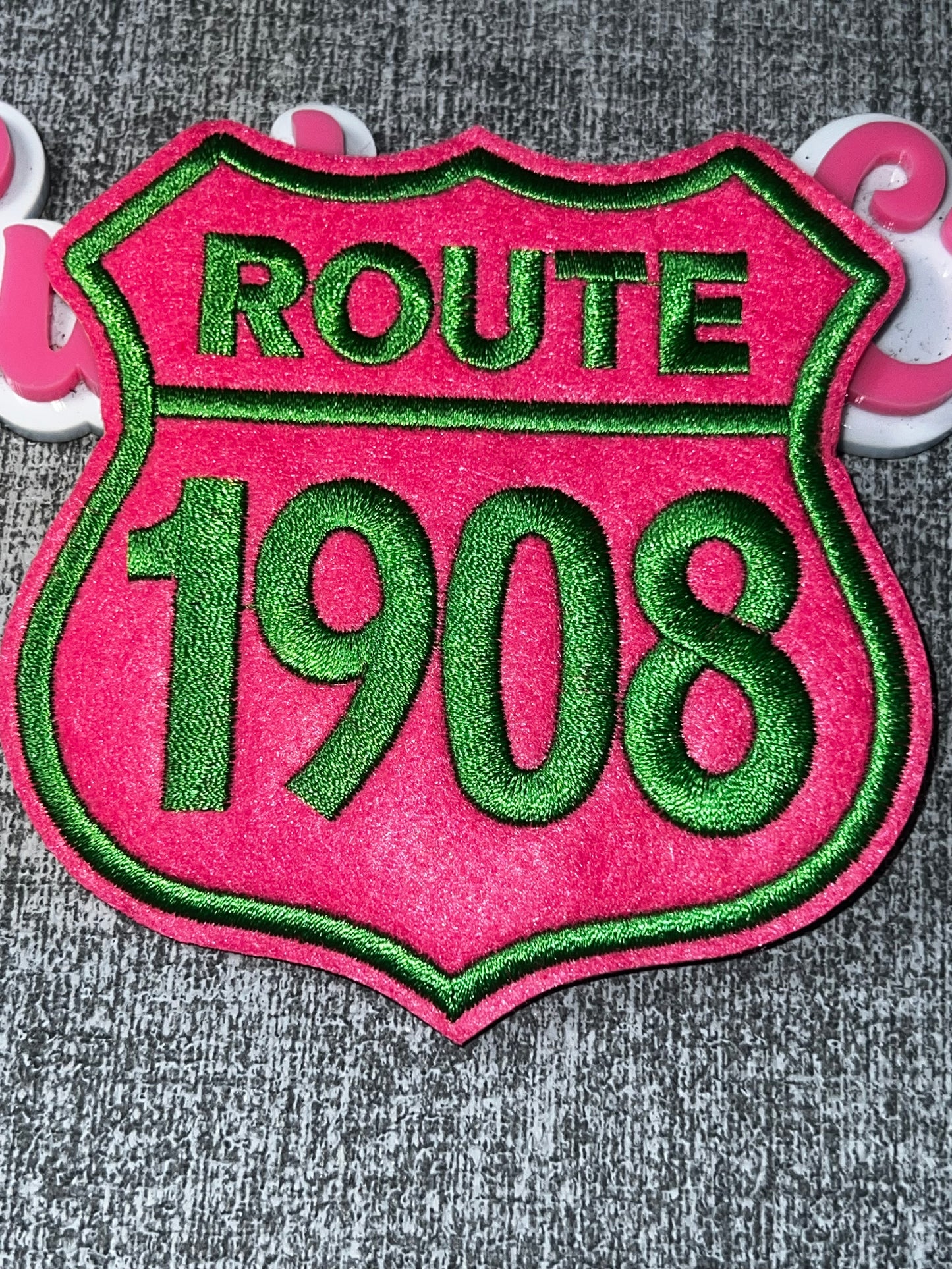 Pink Green Route 1908 Embroidered Iron-On Patch | Shield Shape Statement Applique for Jackets and Bags