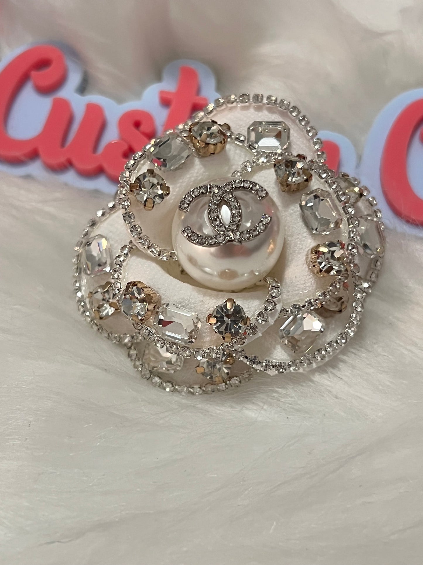 White Rose Rhinestone CC Brooch