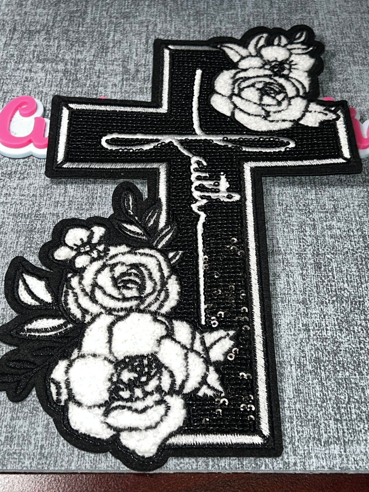 Black White Floral Cross Patch – Sequin Embroidered Iron On Applique