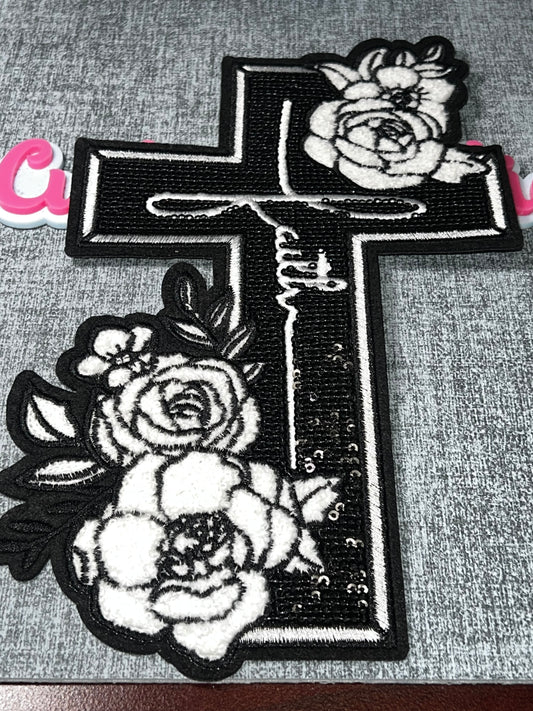 Black White Floral Cross Patch – Sequin Embroidered Iron On Applique