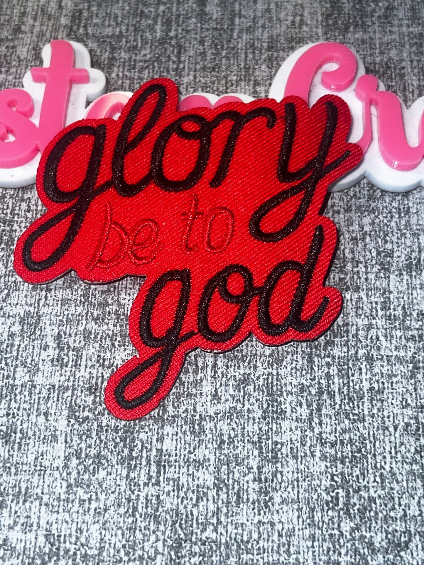 Glory Be to God Patch Red – Faith Script Embroidered Iron On Applique