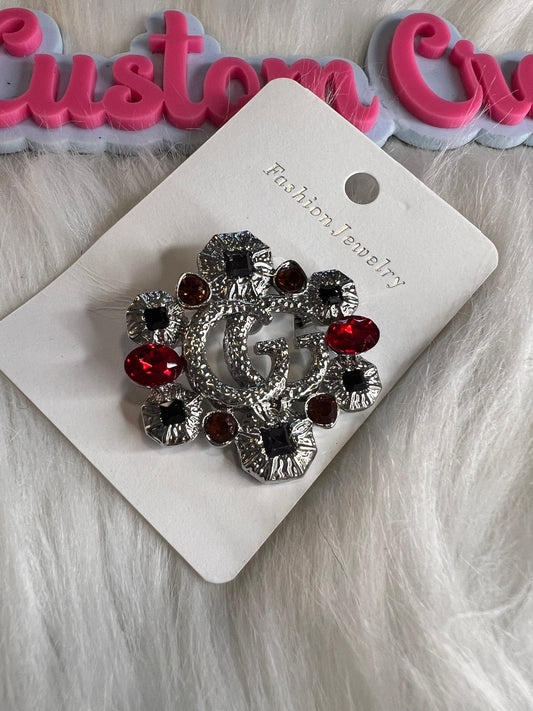 Silver Multi-Color Rhinestone CC Brooch