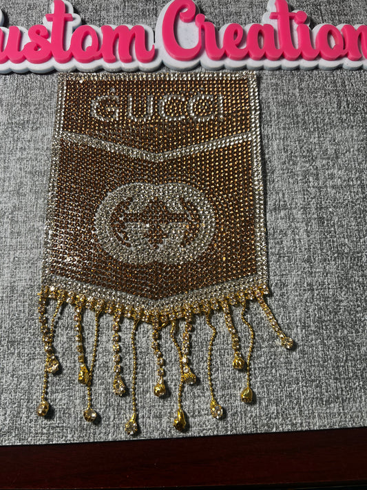 Rhinestone Drip Pocket Patch – Bling Fringe Fashion Applique | Gold, Silver, Clear | Rhinestones / Fabric / Metal Chain