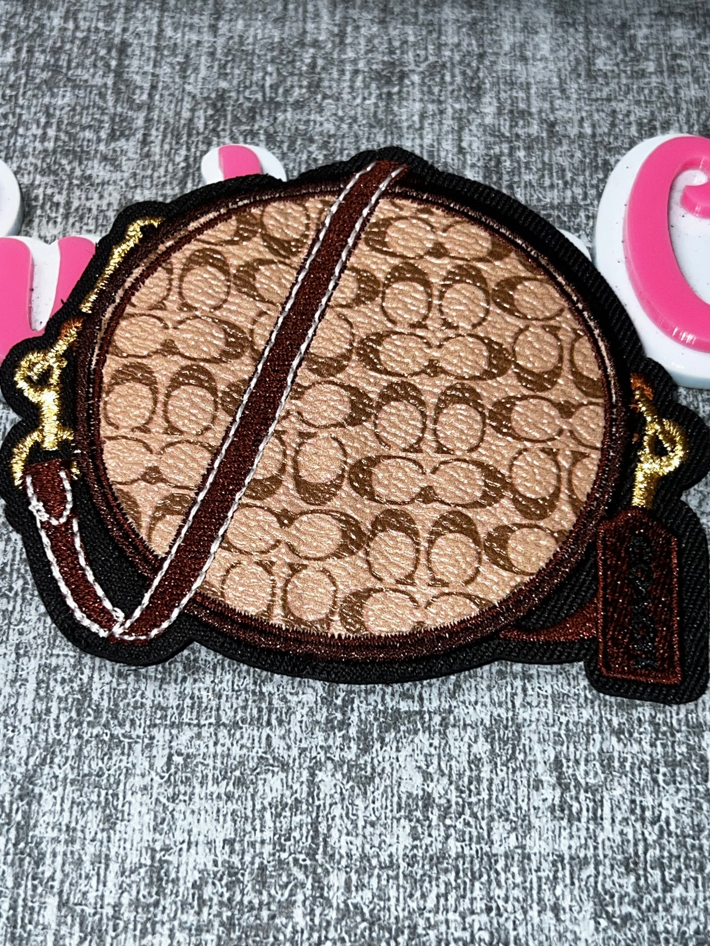 Round Tan Signature Crossbody Bag Embroidered Patch – Fashion Purse Iron On Applique