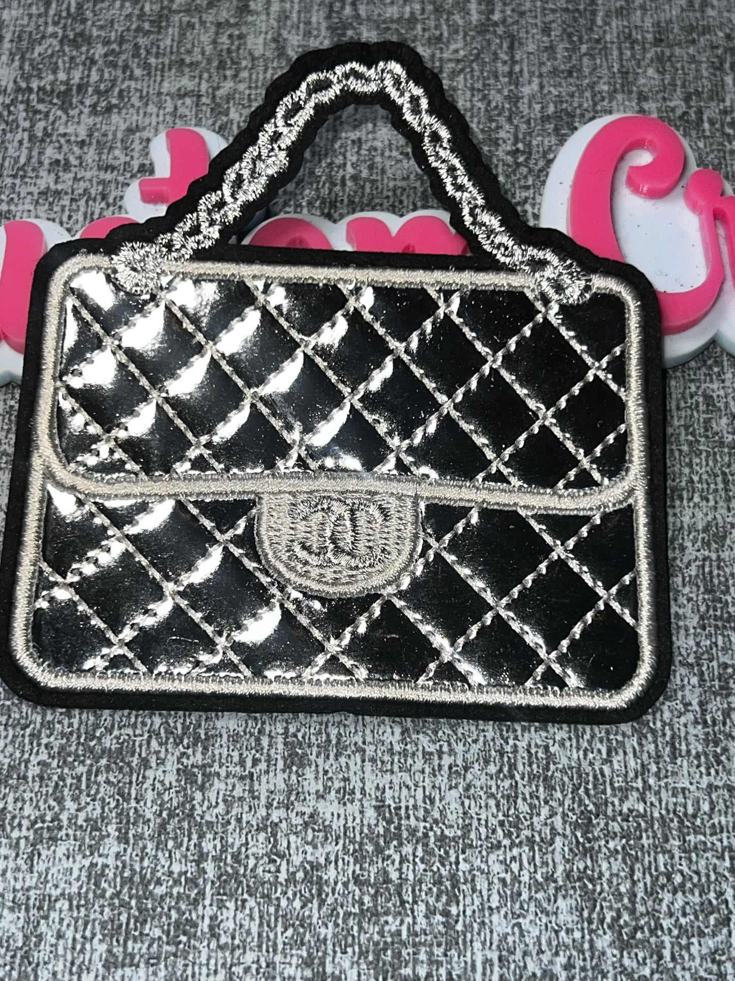 Metallic Silver Hint of Lavender Quilted Handbag Embroidered Patch – Fashion Decorative Applique