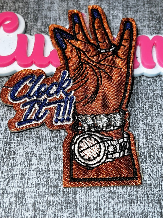 Clock It Hand Patch – Blue Nails Rhinestone Watch Embroidered Iron On Patch – Brown Skin Tone Applique – Approx. 4 Inch