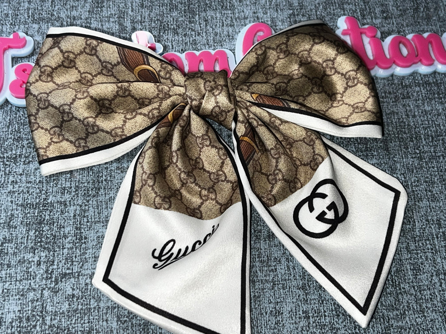 Brown Monogram Style Scarf Bow Satin Neck Scarf Ribbon Tie Luxe Inspired Accessory