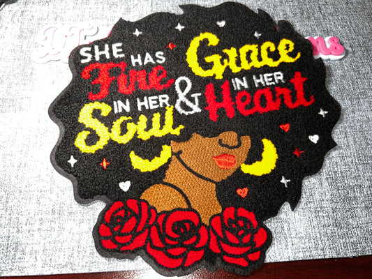 Fire & Grace Chenille Iron-On Patch – Embroidered Applique (Black) Large