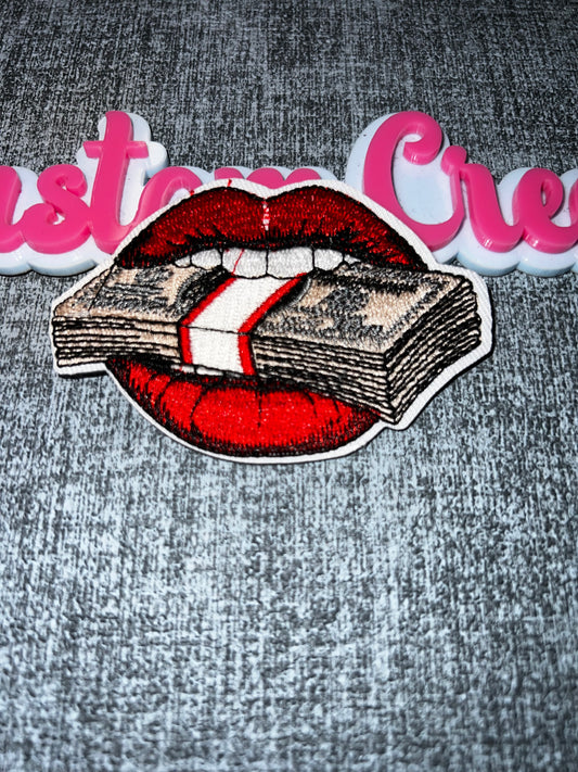 Money Lips Embroidered Iron-On Patch – Red Statement Patch