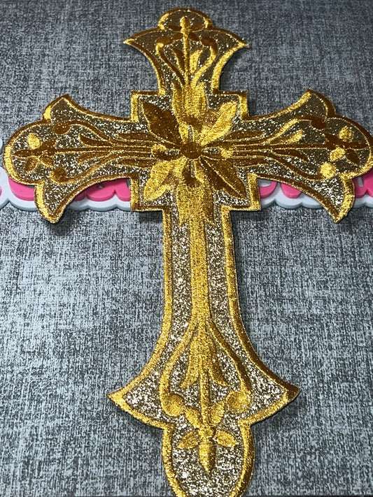Gold Glitter Floral Cross Patch – Embroidered Iron On Applique