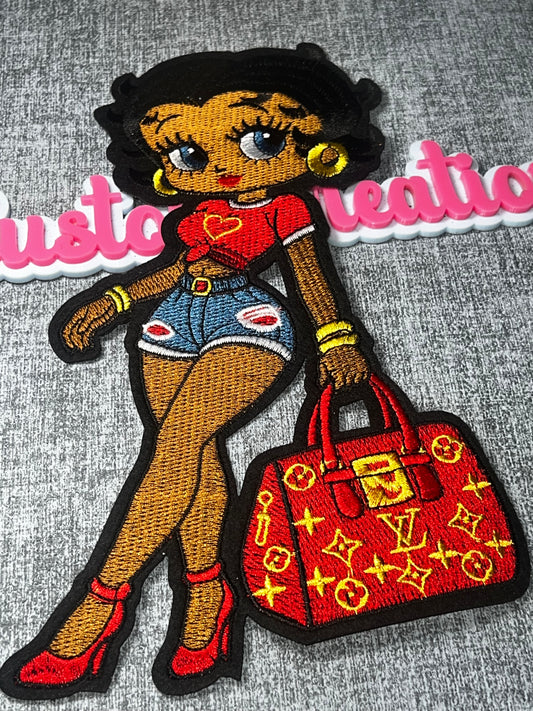 Glam Fashion Doll Embroidered Iron-On Patch – Stylish Girl with Handbag
