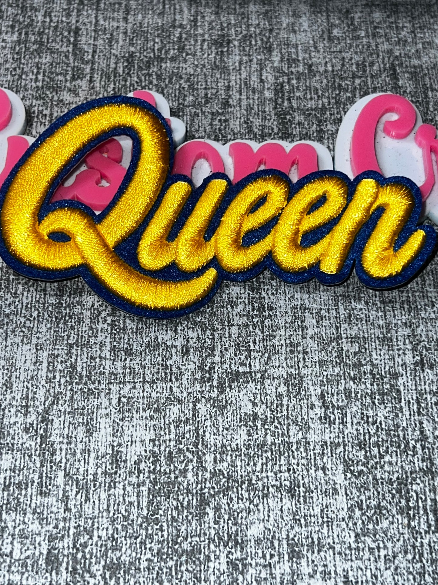 Yellow Queen Script Embroidered Patch – Blue Outline Iron On Applique Sigma colors